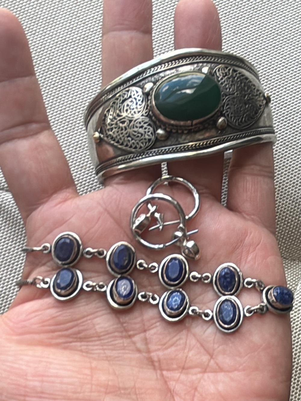 Jewelry Lot Cuff Bracelet with Green Stone, Necklace with Lapis & Earrings